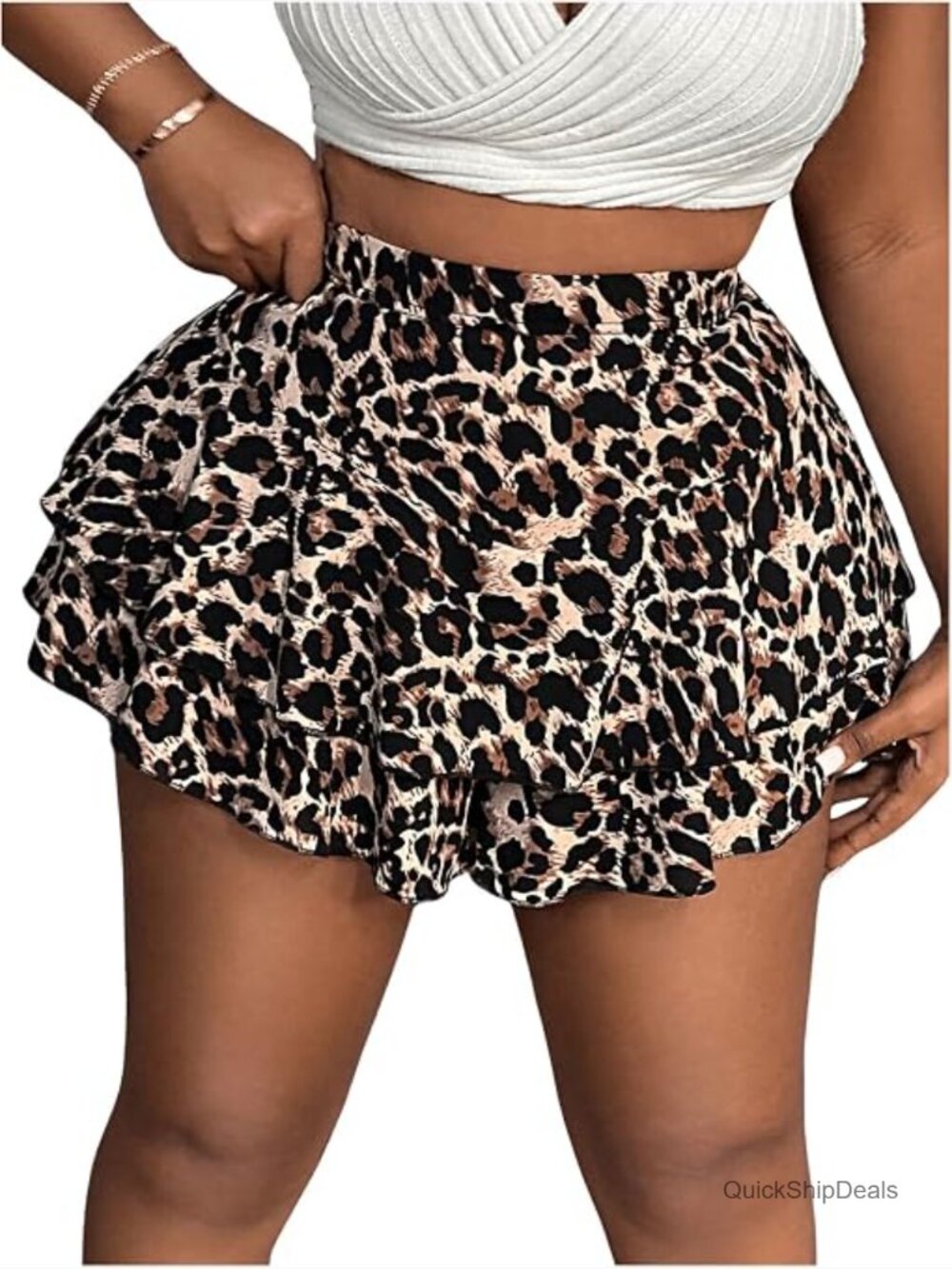 Plus Size Cheetah Print High Waisted Bubble Hem Mini Skorts with Elastic Waist